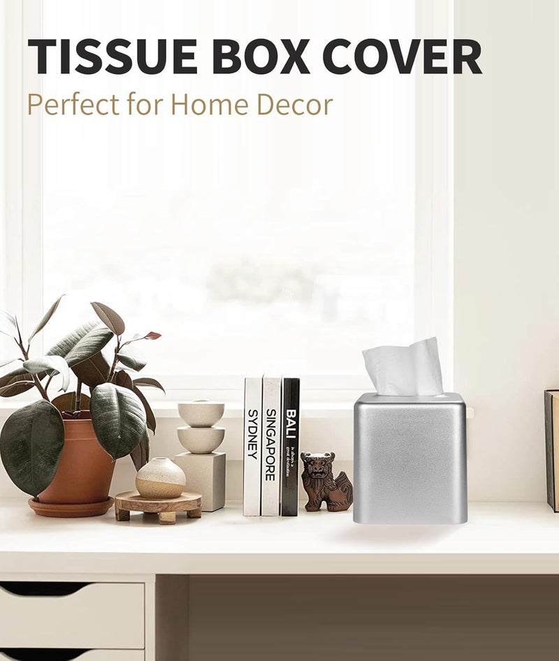 Livelab Tissue Box Cover, Square Metal Tissue Box Holder Modern Decor Facial Napkin Holder Tissue Box Dispenser for Bathroom Vanity Countertop, Living Room, Bedroom, Office - Silver - Image 4